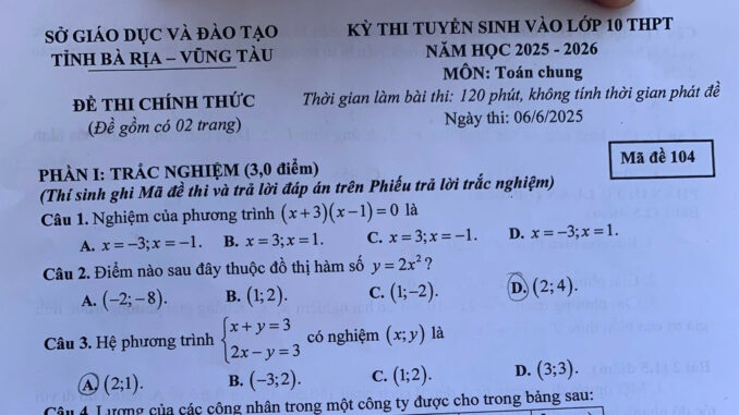 Đề thi môn Toán vào lớp 10 tỉnh Bà Rịa - Vũng Tàu năm 2025 Đề thi môn Toán vào lớp 10 tỉnh Bà Rịa - Vũng Tàu năm 2025