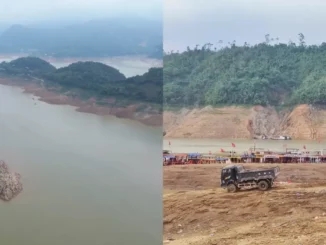 Mực nước tụt 40m, hồ Hòa Bình xuất hiện khung cảnh chưa từng thấy
