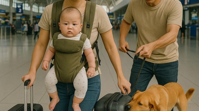 Người mẹ địu theo con nhỏ ra sân bay, vừa đặt vali xuống chú chó của người bên cạnh liên tục sủa dữ dội cắn vỡ cả hành lý Người mẹ địu theo con nhỏ ra sân bay, vừa đặt vali xuống chú chó của người bên cạnh liên tục sủa dữ dội cắn vỡ cả hành lý