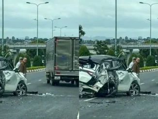 Va chạm với xe khách trên cao tốc, xe con biến dạng, 5 người bị thương